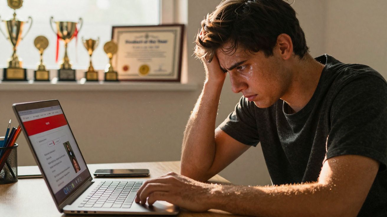 Jeune homme concentré et inquiet travaillant sur un ordinateur portable dans une pièce éclairée par la lumière du jour.