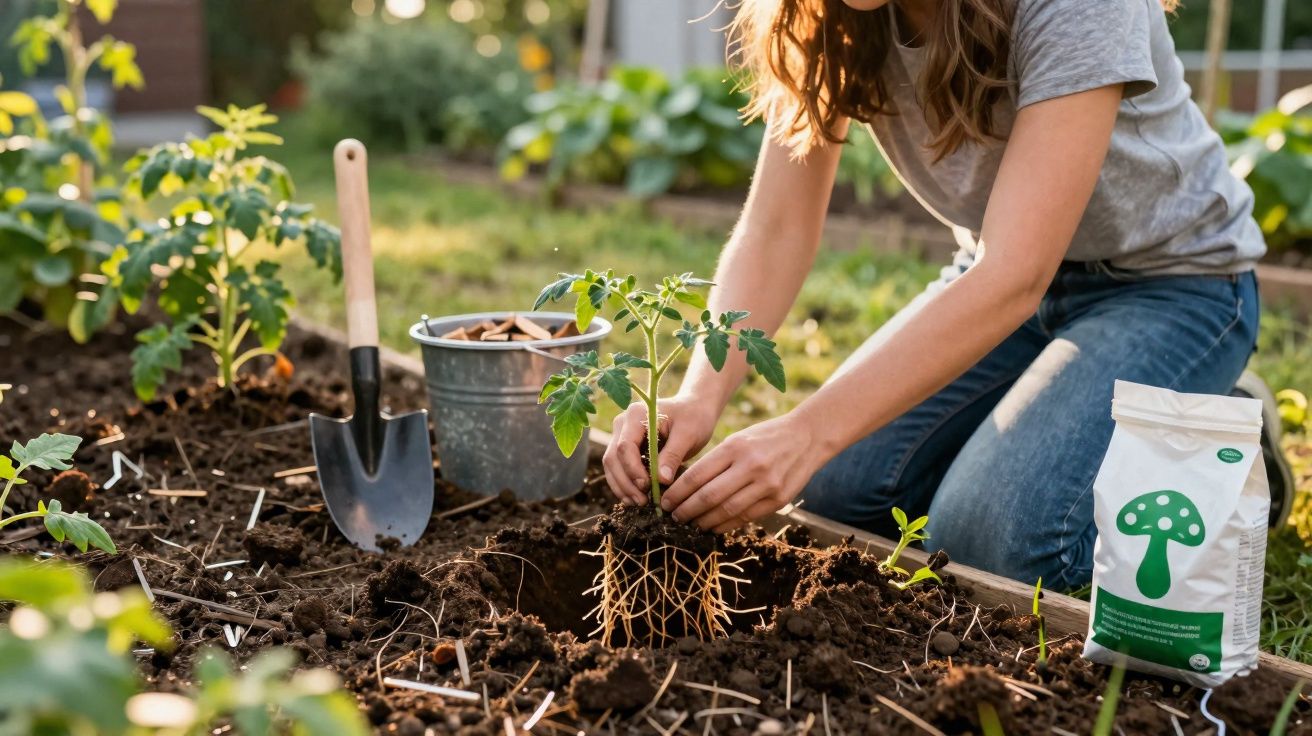 Personne plantant un jeune plant de tomate dans un jardin avec une pelle et un seau à côté.
