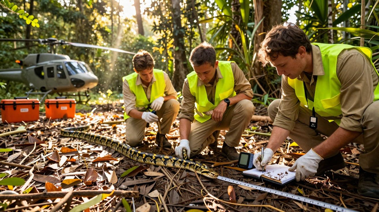 Trois scientifiques en gilets jaunes mesurent et observent un serpent dans une forêt tropicale, un hélicoptère en arrière-pla