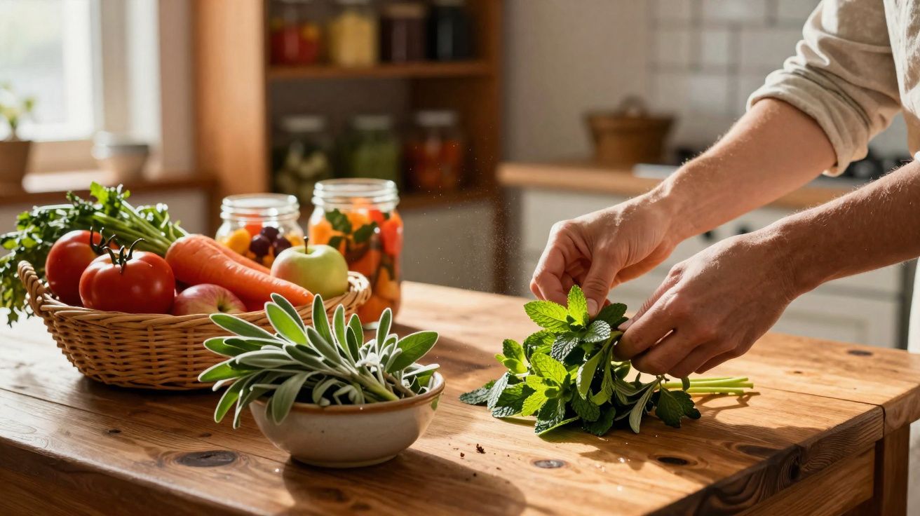 Mains cueillant des herbes fraîches sur une table en bois avec des légumes et bocaux en arrière-plan.