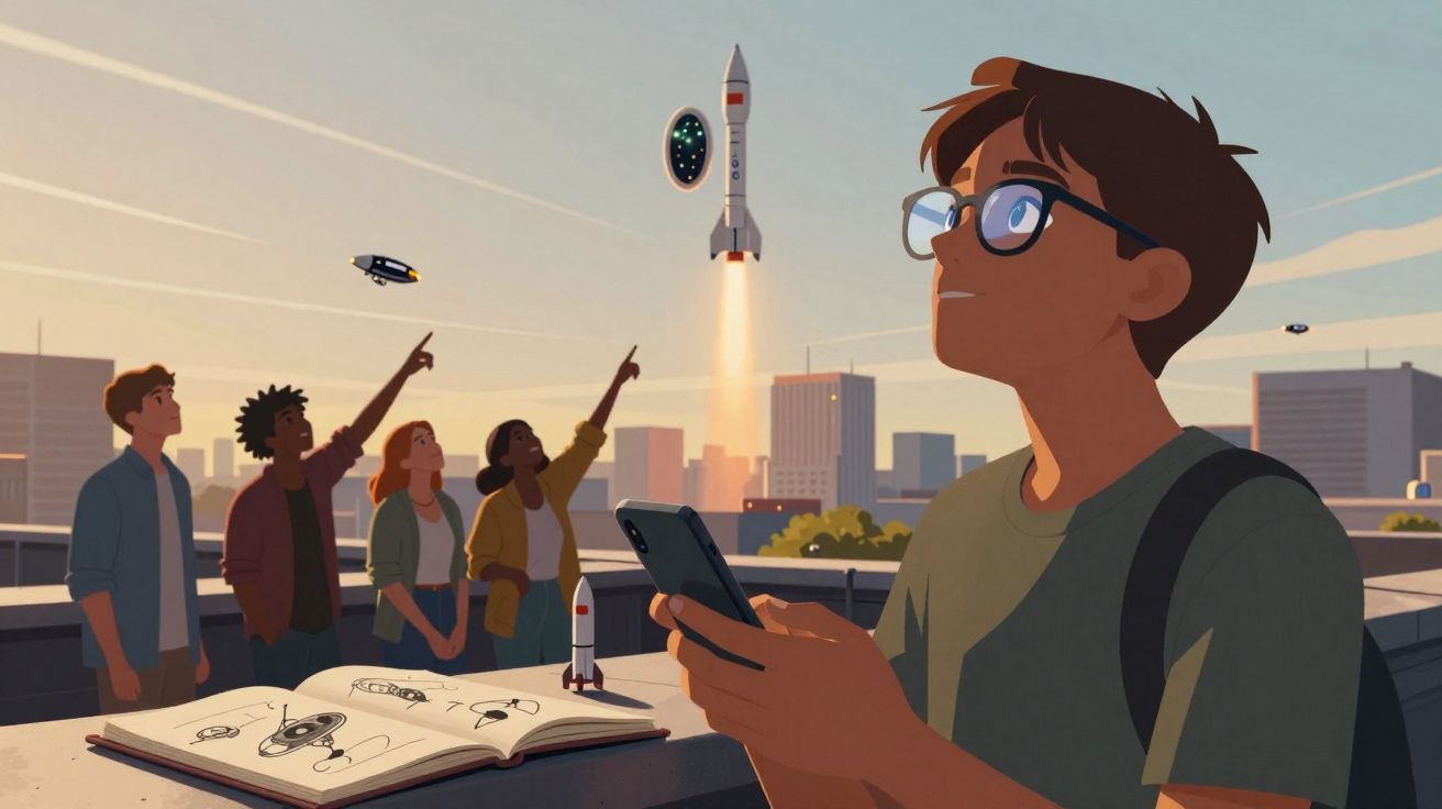 Un groupe de jeunes observe le lancement d’une fusée dans une ville futuriste au coucher du soleil.