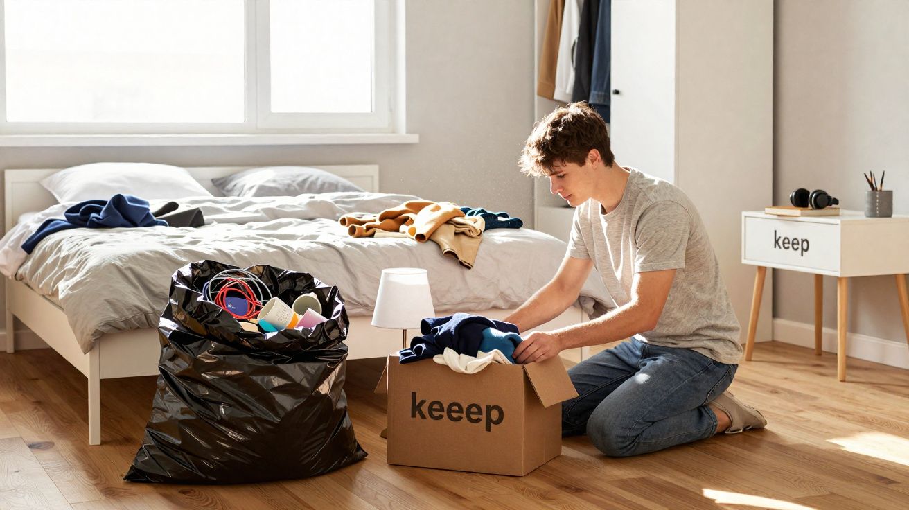 Jeune homme rangeant des vêtements dans une boîte en carton près d’un sac poubelle dans une chambre lumineuse.