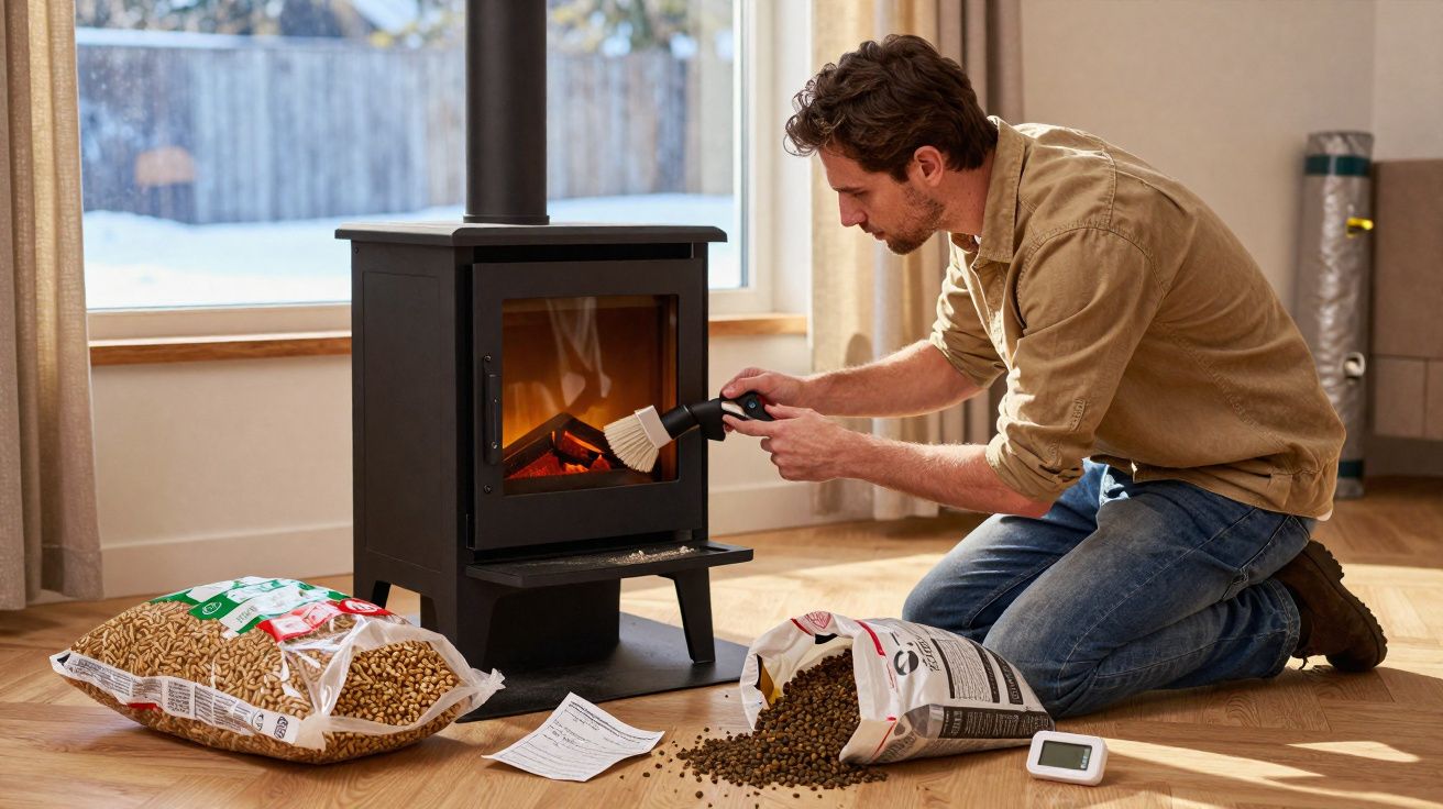 Homme en chemise beige nettoyant un poêle à bois noir, assis à genoux sur un parquet en bois clair.