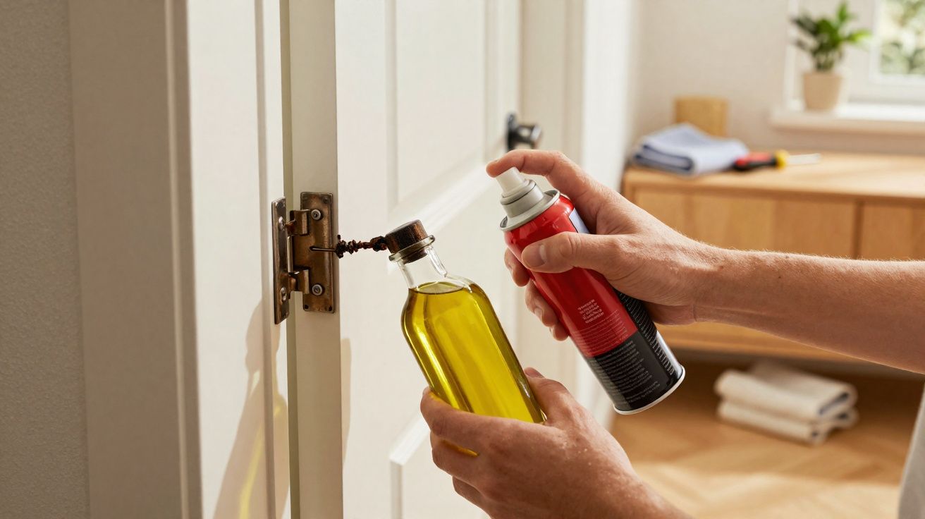 Une personne applique un spray lubrifiant sur la charnière d'une porte blanche posant une bouteille d'huile.