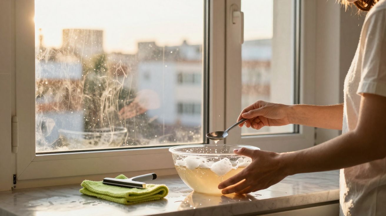 Personne tenant une cuillère au-dessus d'un bol transparent contenant un liquide et des glaçons sur un rebord de fenêtre.