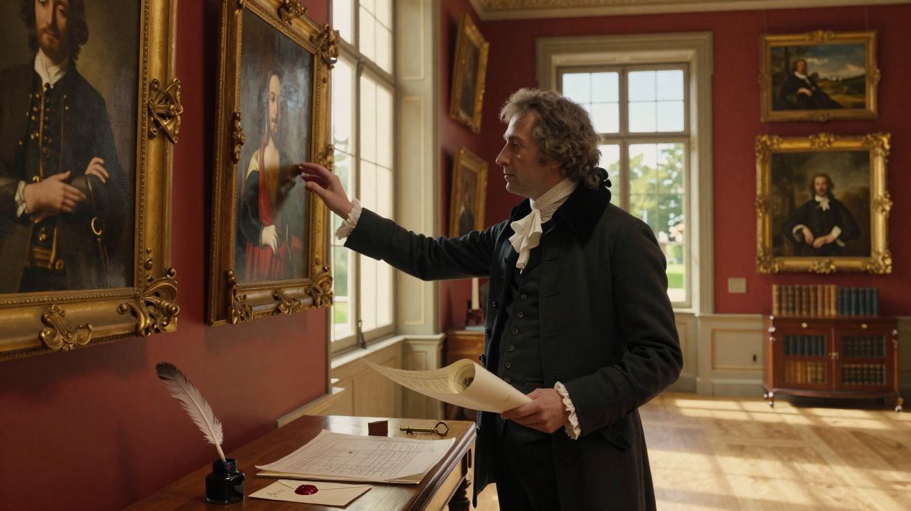 Homme en costume d'époque examinant un portrait dans une galerie d'art classique aux murs rouges.