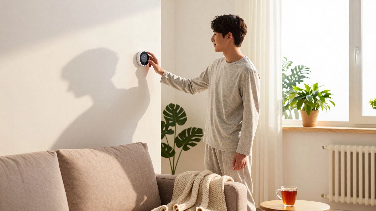 Un homme règle le thermostat mural dans un salon lumineux avec canapé, plante verte et tasse de thé sur une table.