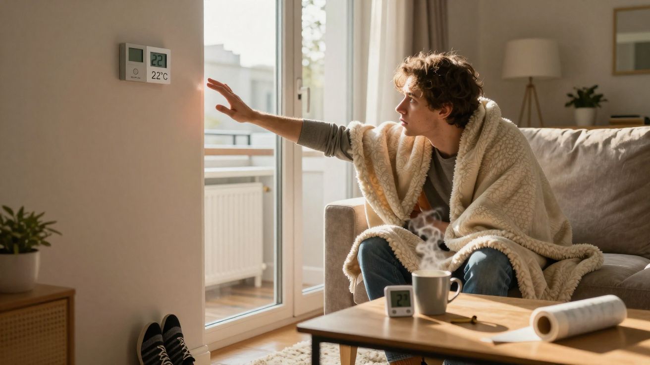 Jeune homme emmitouflé dans une couverture ajuste le thermostat à 22°C assis dans un salon lumineux.