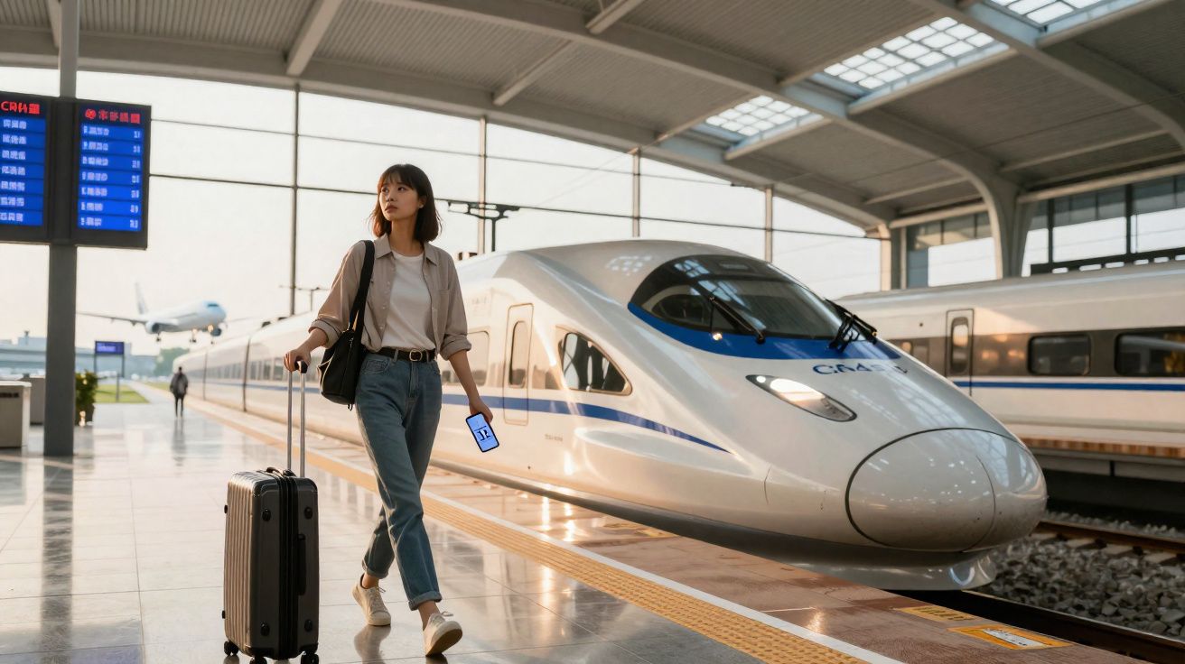 Jeune femme marchant sur un quai de gare avec valise et train à grande vitesse en arrière-plan.