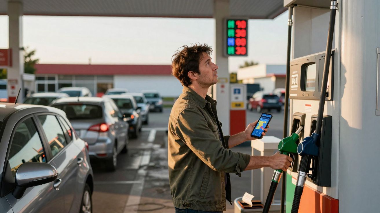 Homme tenant un smartphone et choisissant une pompe à essence à une station-service avec une file de voitures en arrière-plan