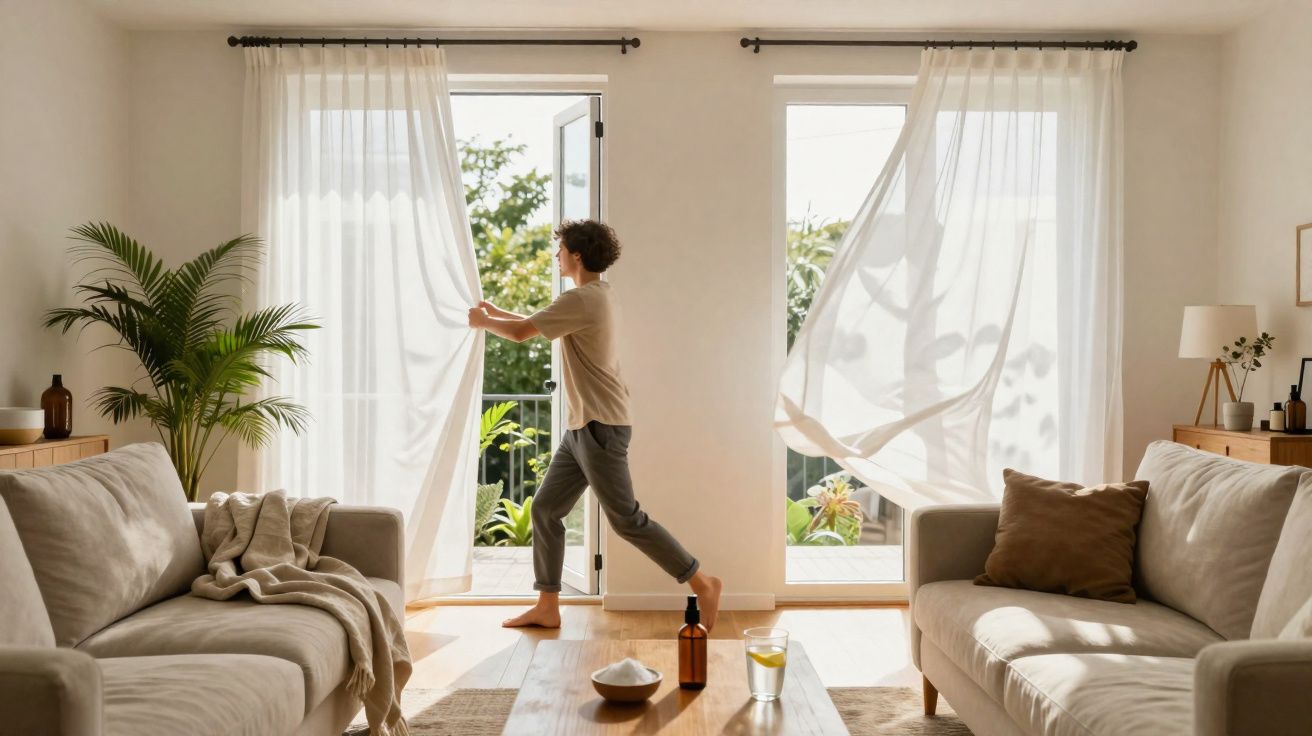 Personne ouvrant les rideaux dans un salon lumineux aux canapés beiges et plantes vertes.