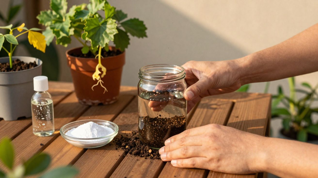 Mains tenant un bocal avec graines trempant dans de l'eau, pot de plante, sel et flacon sur une table en bois.