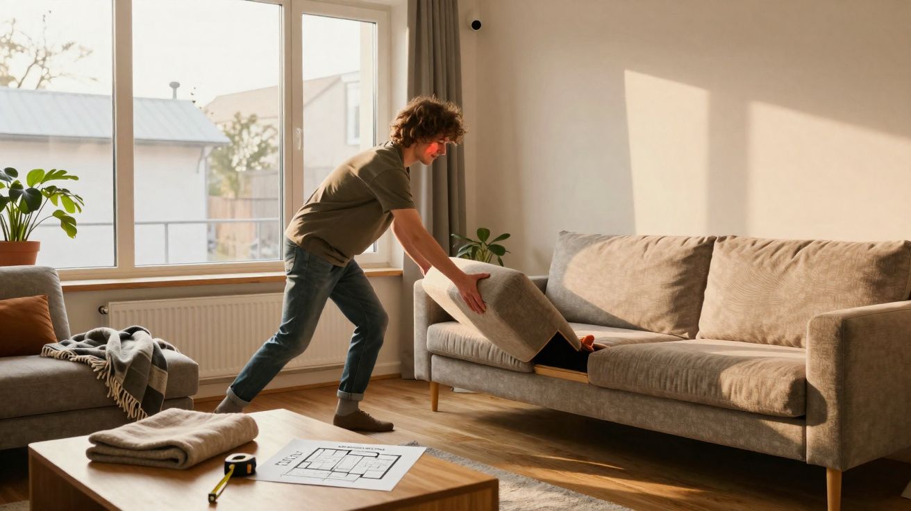 Jeune homme soulevant le coussin d'un canapé gris dans un salon lumineux et moderne.