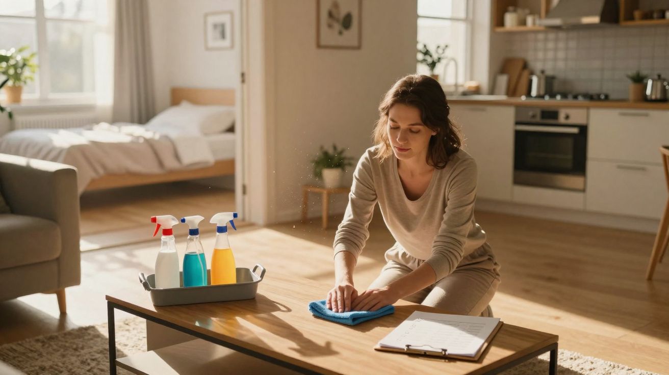 Femme nettoyant une table basse dans un salon lumineux avec des produits ménagers et un carnet.