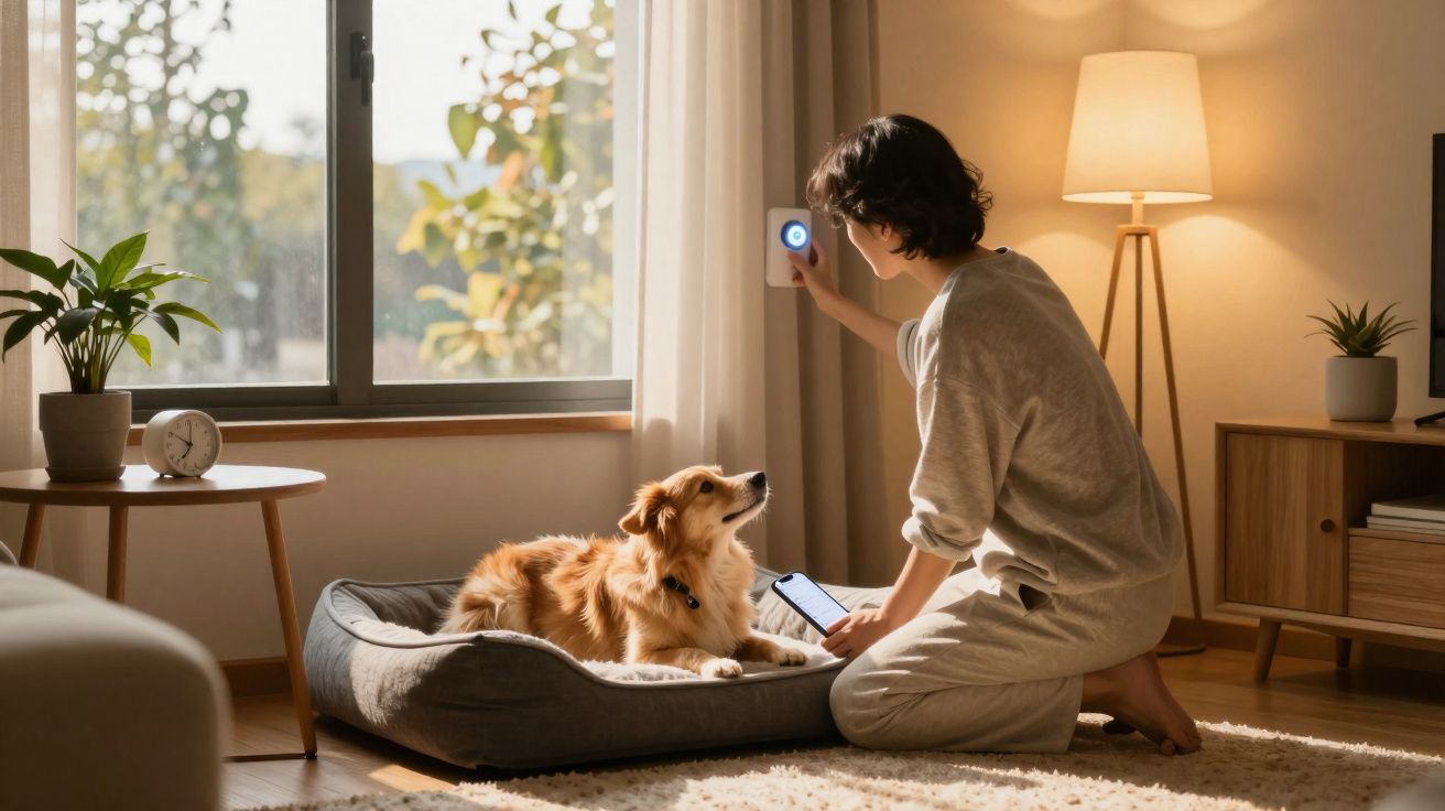 Personne réglant un thermostat intelligent près d’un chien couché sur un coussin dans un salon lumineux.