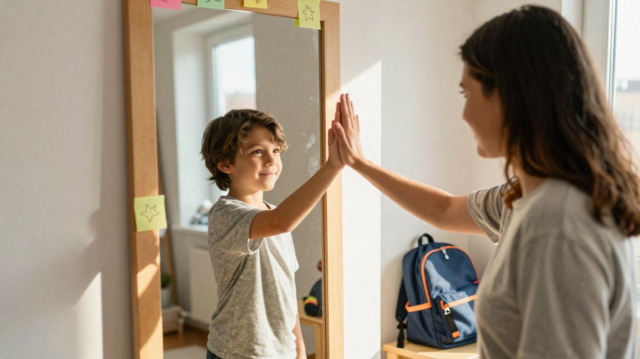 Enfant souriant touchant la main de son reflet dans un miroir encadré de post-it colorés.