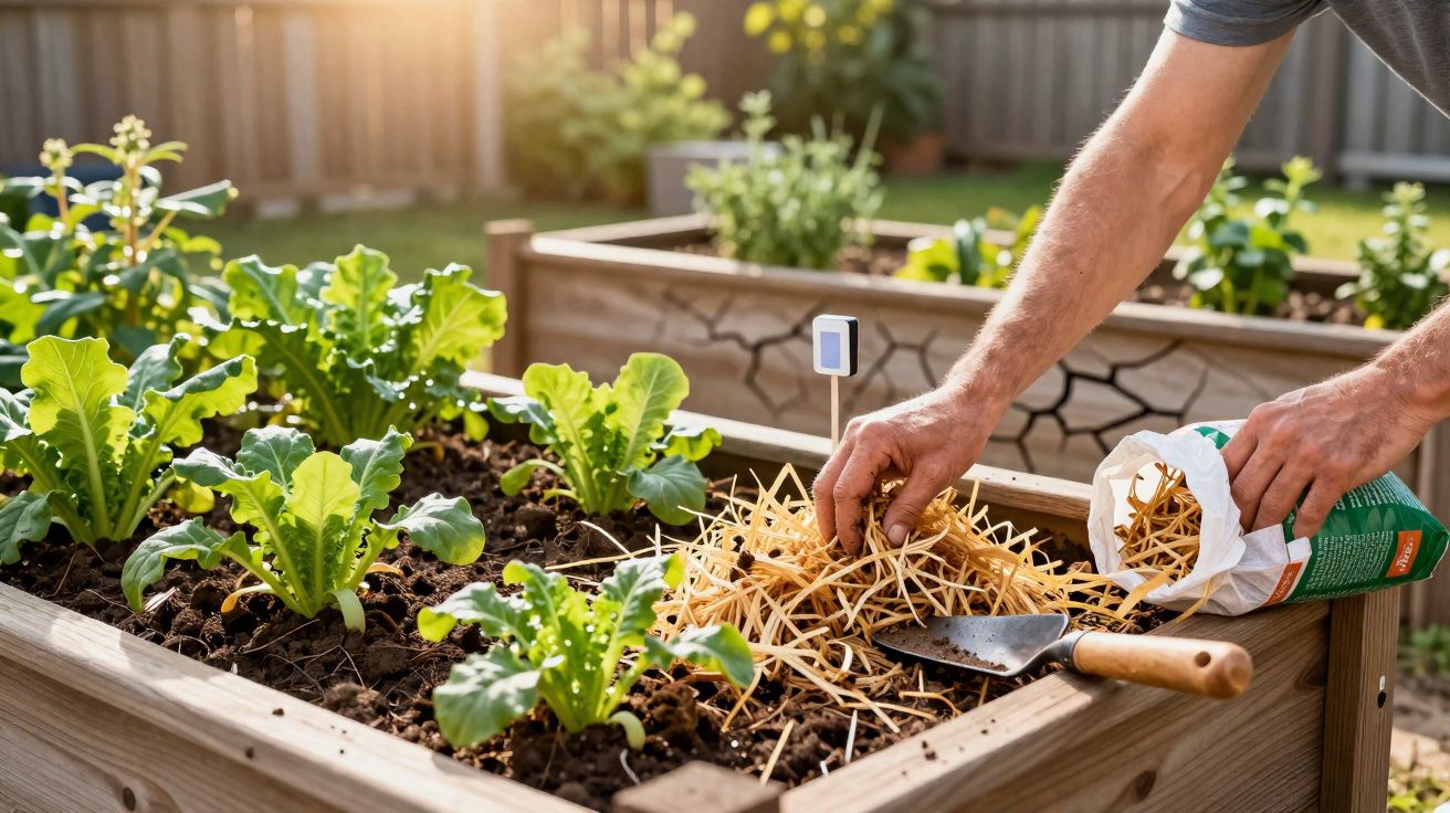 Personne appliquant du paillis dans un carré potager en bois avec des plants verts et une truelle.