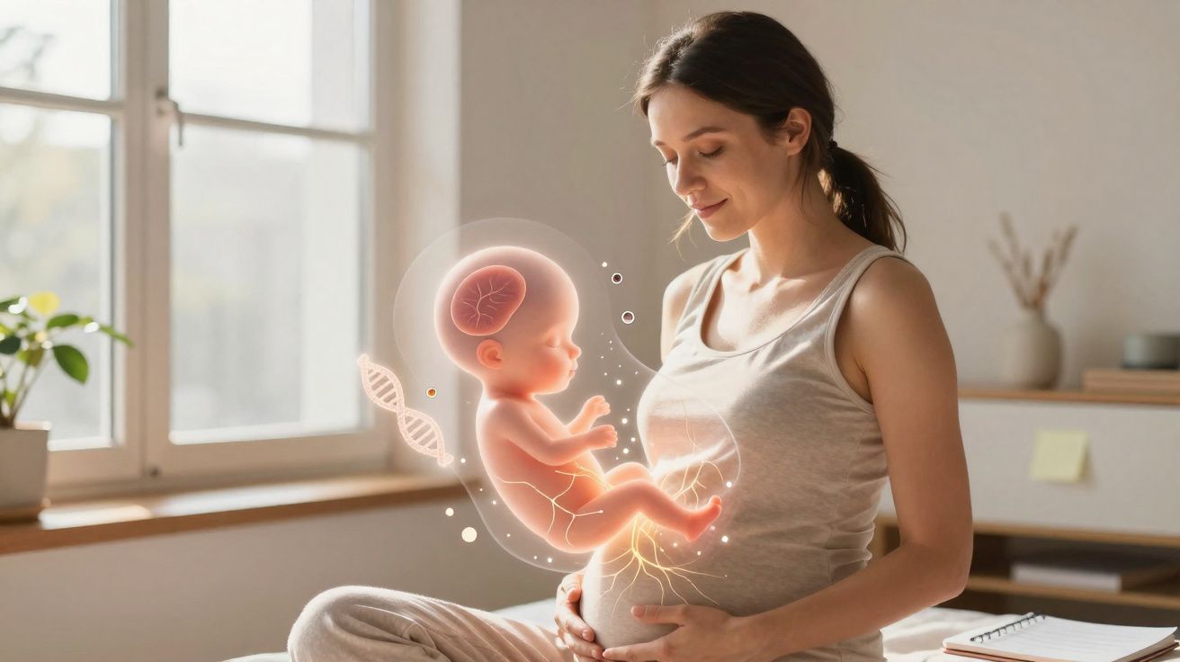 Femme enceinte assise, tenant son ventre avec une illustration holographique fœtus et ADN visible.