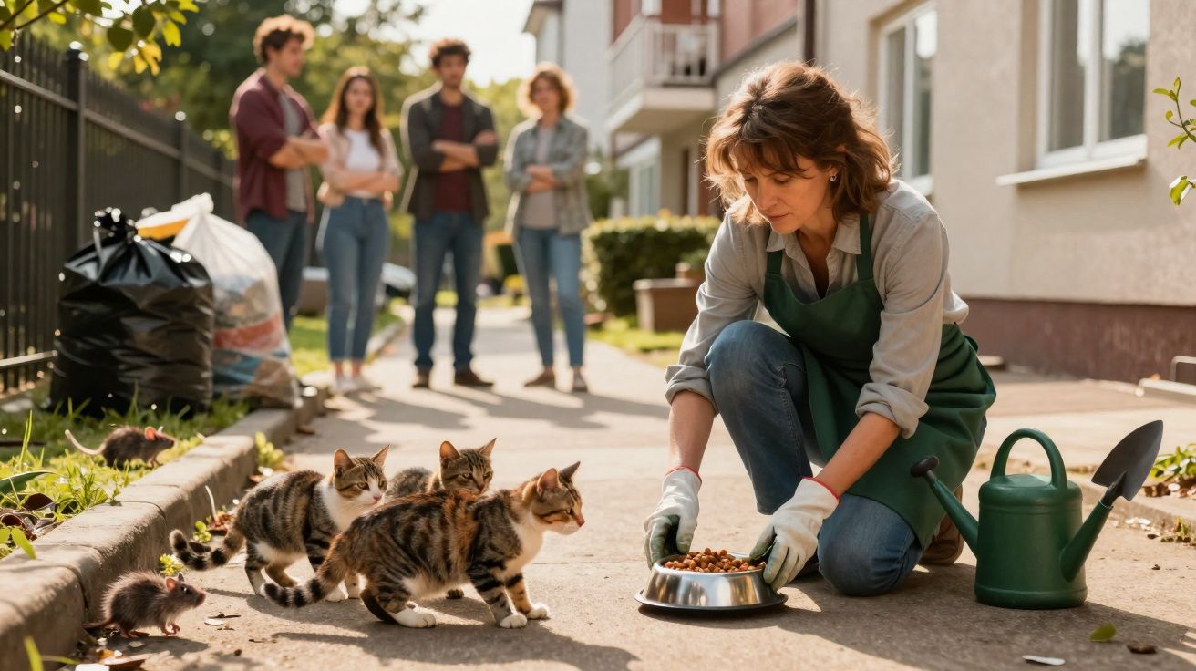 Femme nourrit des chatons sur un trottoir devant une maison, quatre personnes la regardent au loin.