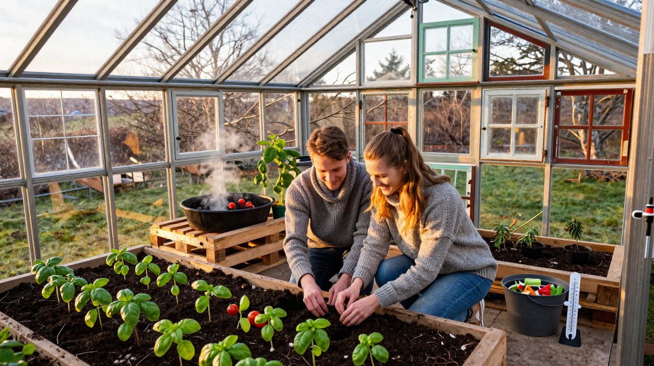 Un homme et une femme plantent des graines dans une serre lumineuse avec des plantes vertes autour.