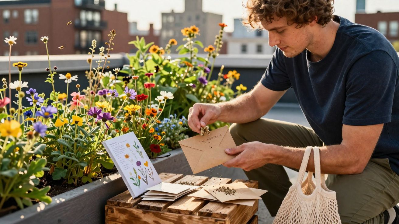 Un homme plante des graines dans une jardinière urbaine remplie de fleurs colorées sur un toit.