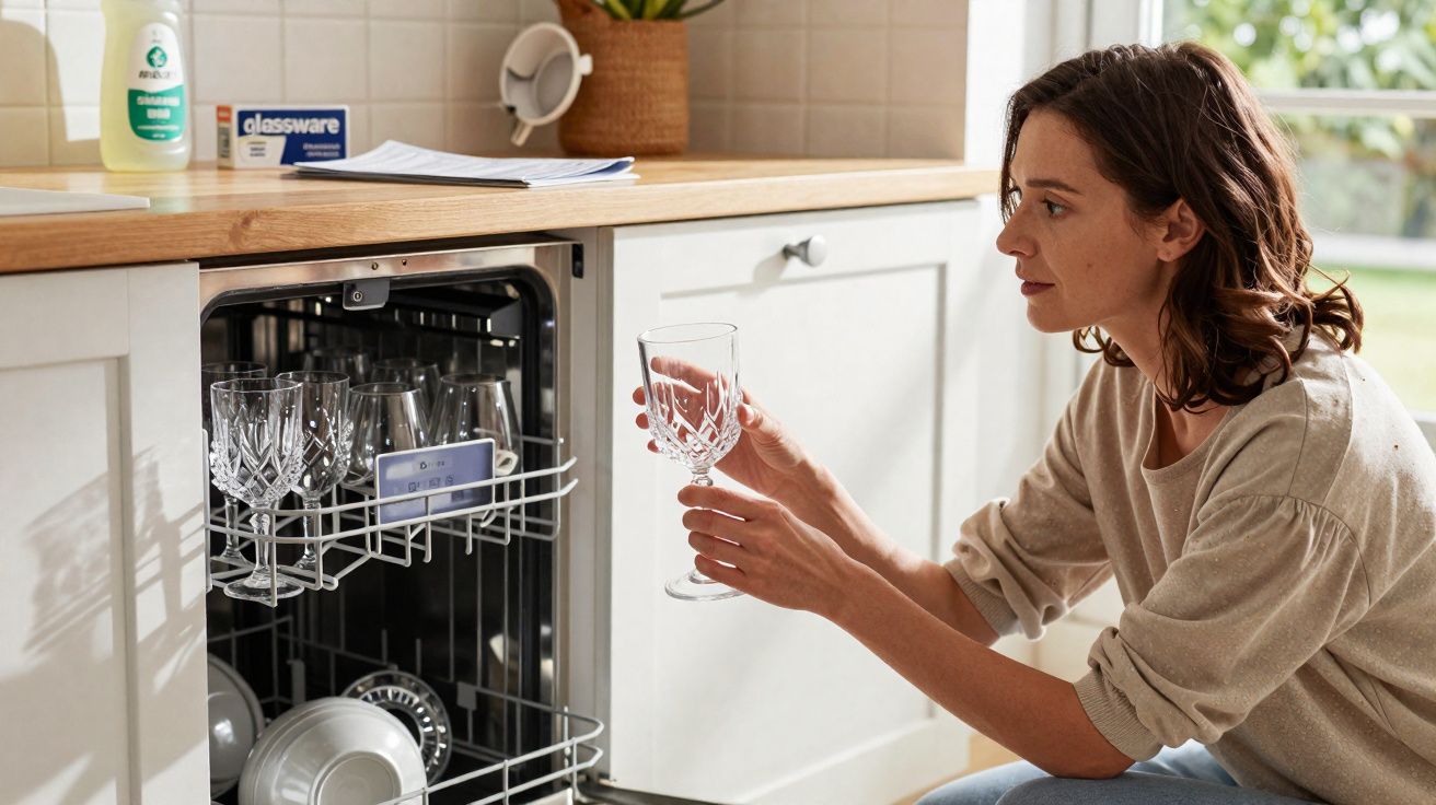 Femme range des verres en cristal dans un lave-vaisselle ouvert dans une cuisine lumineuse.