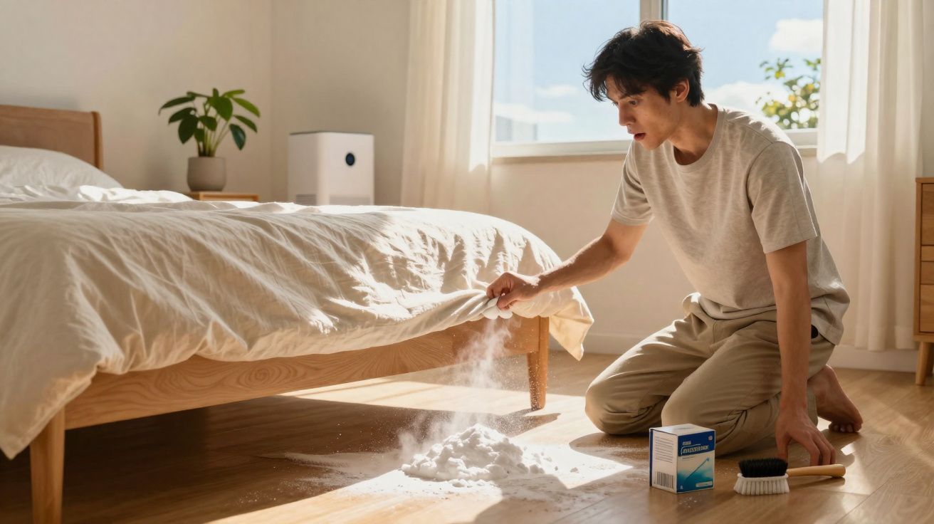 Homme à genoux dans une chambre nettoyant de la poussière sous un lit en bois clair.