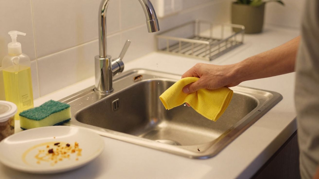 Main tenant un chiffon jaune près d'un évier inox dans une cuisine propre avec assiette sale à côté.