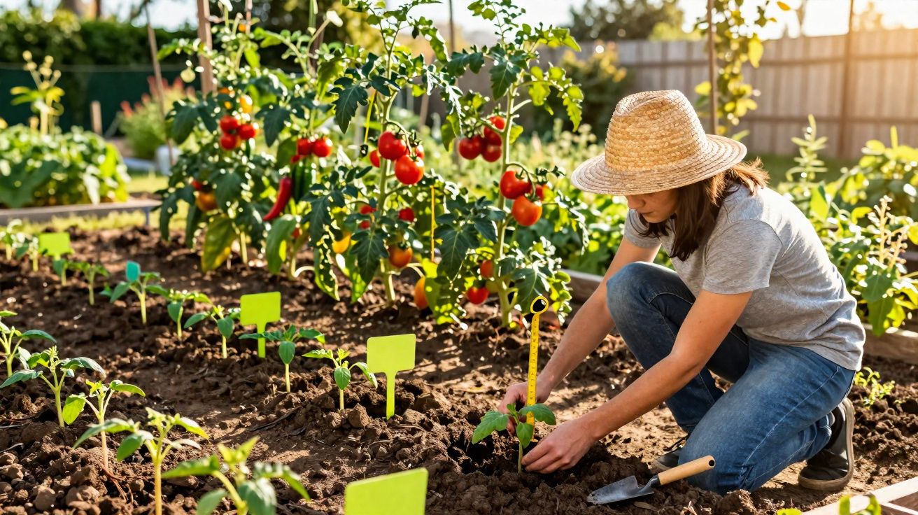 Femme en chapeau de paille plantant des jeunes plants dans un potager ensoleillé avec des tomates mûres.