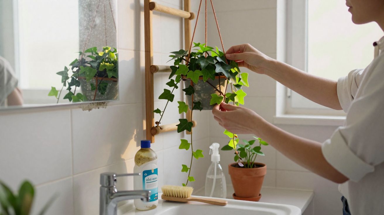 Personne en train d’entretenir une plante verte suspendue dans une salle de bain lumineuse.