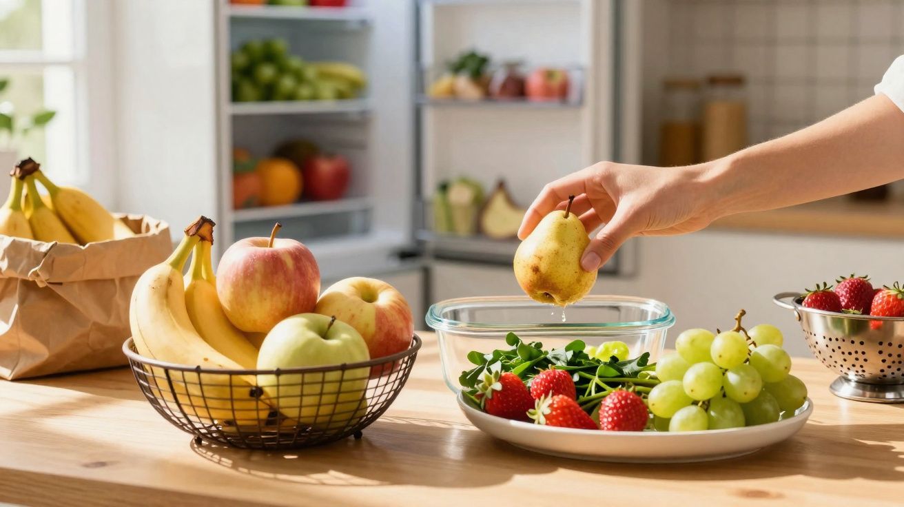 Main saisissant une poire au-dessus d'une assiette de fruits frais sur une table de cuisine lumineuse.