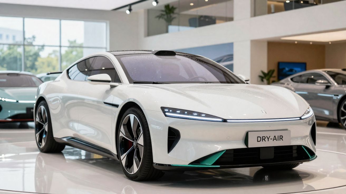 Voiture électrique blanche moderne exposée dans un showroom lumineux avec plaque DRY-AIR.