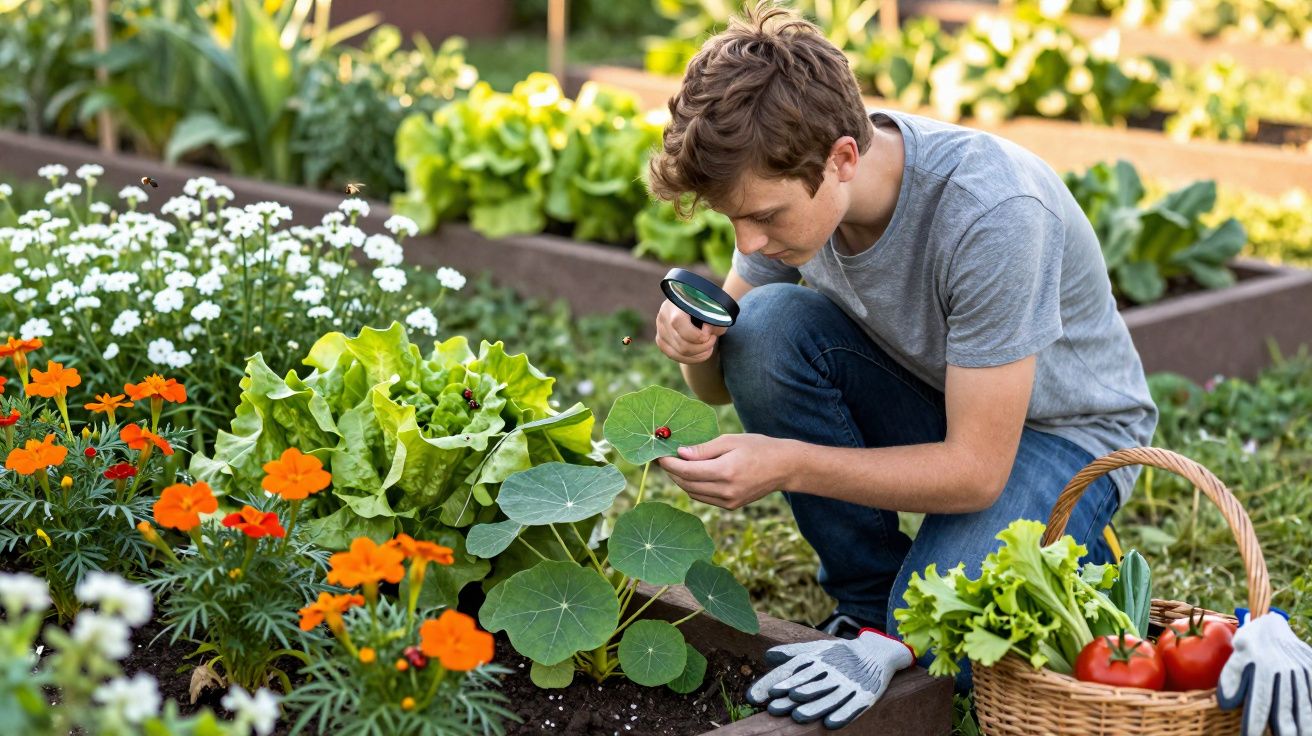 Jeune garçon examinant une feuille avec une loupe dans un potager fleuri, panier de légumes à ses côtés.