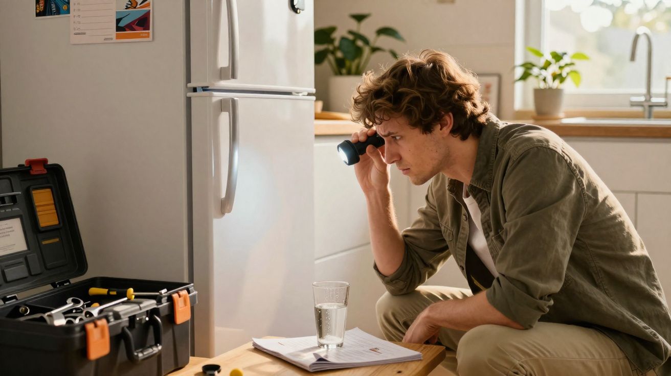 Homme examinant un réfrigérateur avec une lampe torche, boîte à outils ouverte et documents sur table en cuisine.