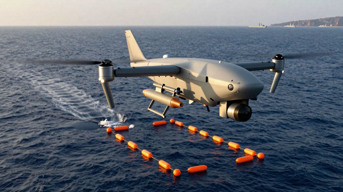 Drone militaire gris volant au-dessus de l'océan, ciblant une zone délimitée par des bouées orange flottantes.
