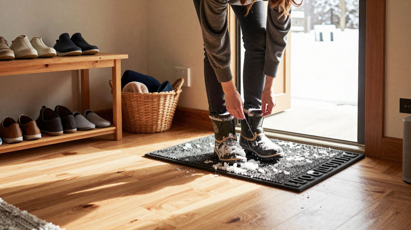 Personne enlève de la neige de ses bottes dans une entrée avec parquet et chaussures rangées sur un banc.