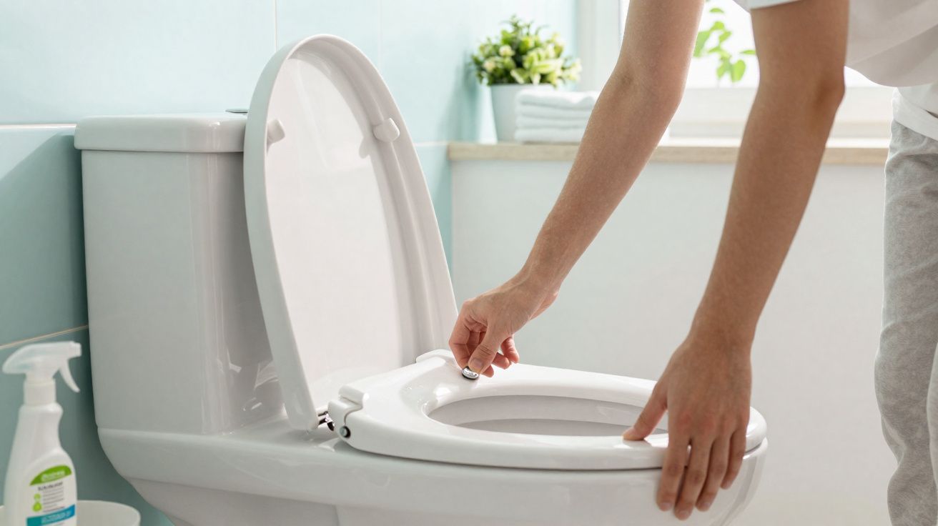 Personne installant un siège de toilettes sur une cuvette blanche dans une salle de bain lumineuse.