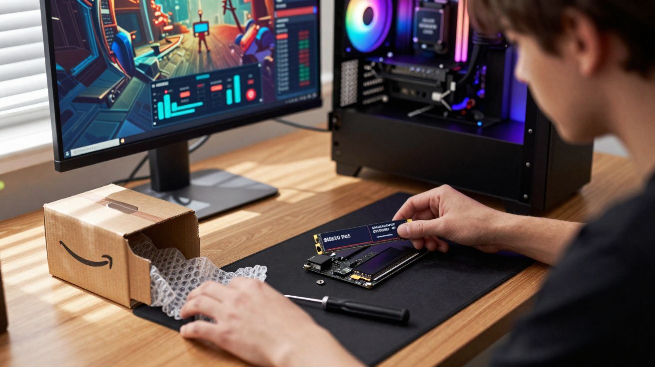 Jeune homme installant une barrette mémoire dans un PC avec écran affichant un jeu vidéo coloré.