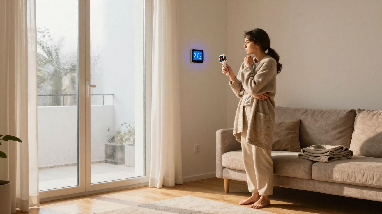 Femme tenant un thermostat intelligent, debout dans un salon lumineux près d'une baie vitrée.