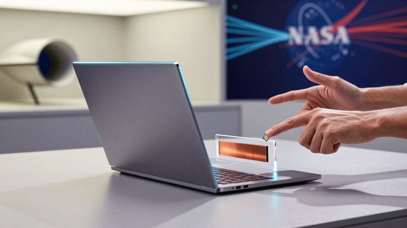 Ordinateur portable, mains tenant une puce électronique devant un affichage NASA en arrière-plan.