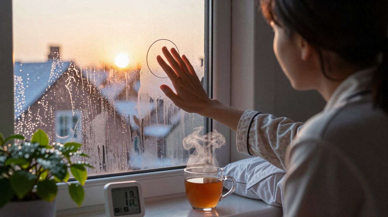 Femme observant un lever de soleil à travers une fenêtre embuée où elle dessine un visage avec sa main.