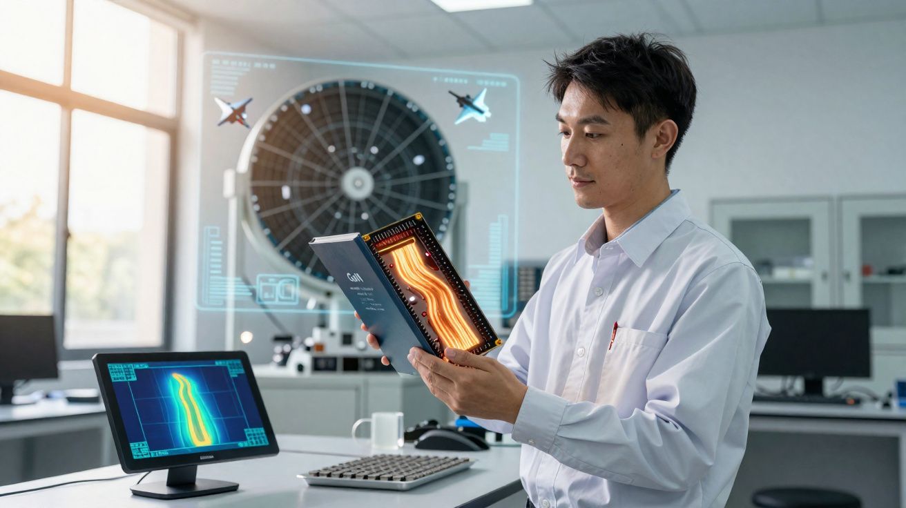 Jeune scientifique vietnamien analyse schéma holographique d'une puce électronique dans un laboratoire high-tech.