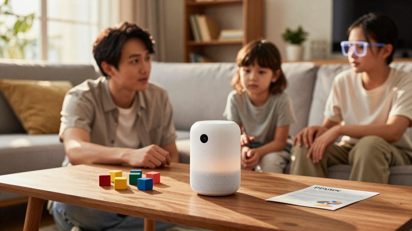 Trois personnes assises autour d'une table en bois avec un haut-parleur intelligent et des cubes colorés.