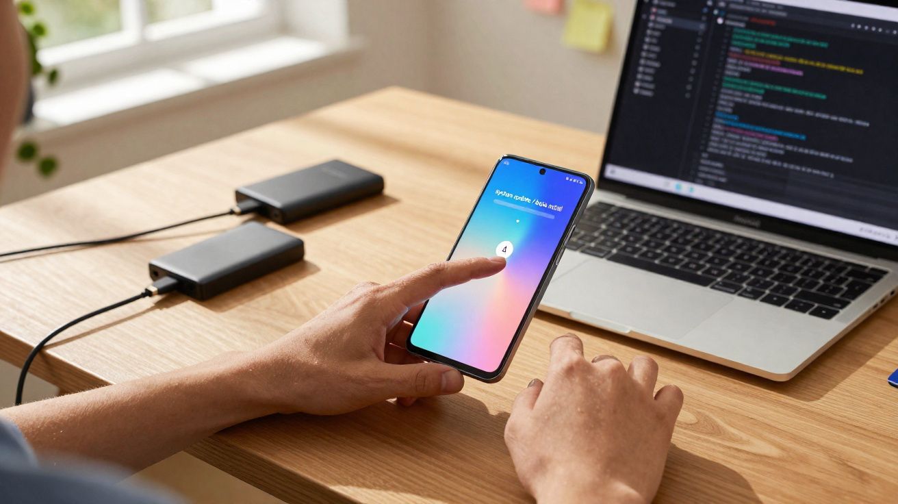 Personne utilisant un smartphone avec authentification par empreinte digitale à côté d’un ordinateur portable et deux disques