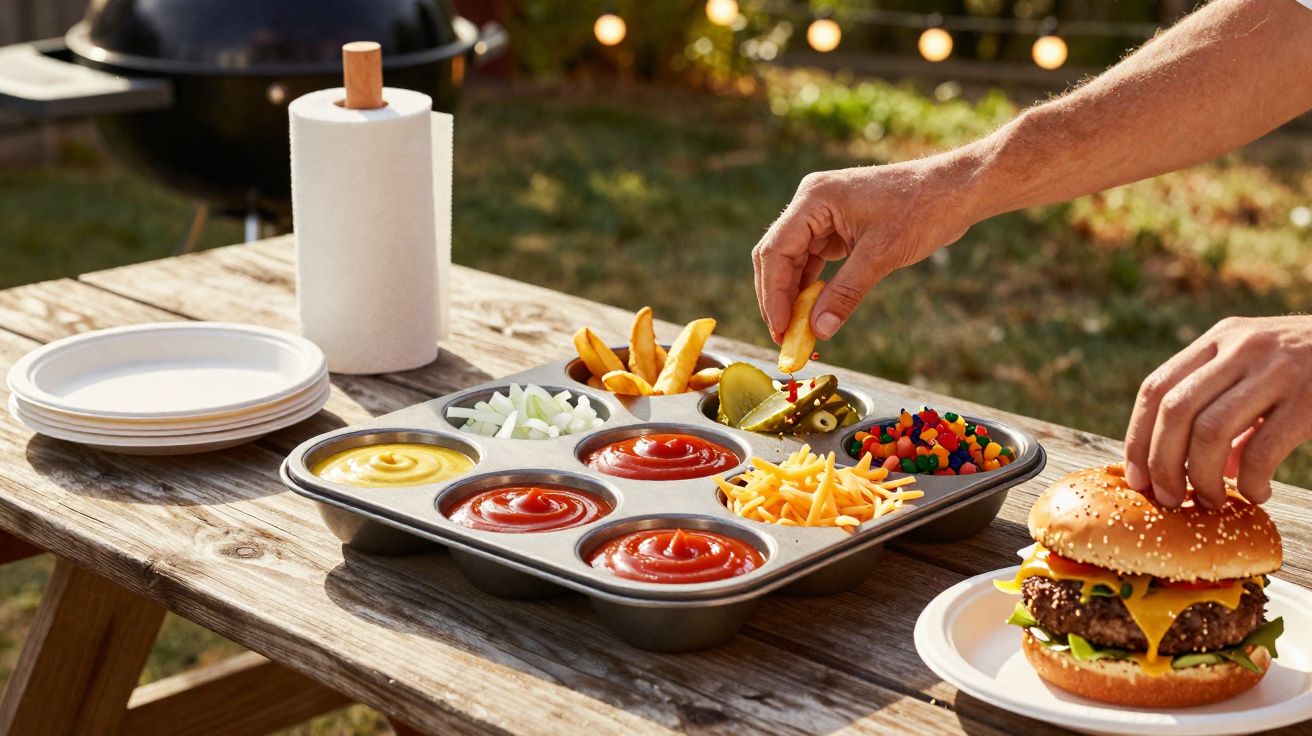 Plat à muffins utilisé comme plateau pour sauces, légumes, frites, avec un hamburger sur une assiette à côté, mains en action