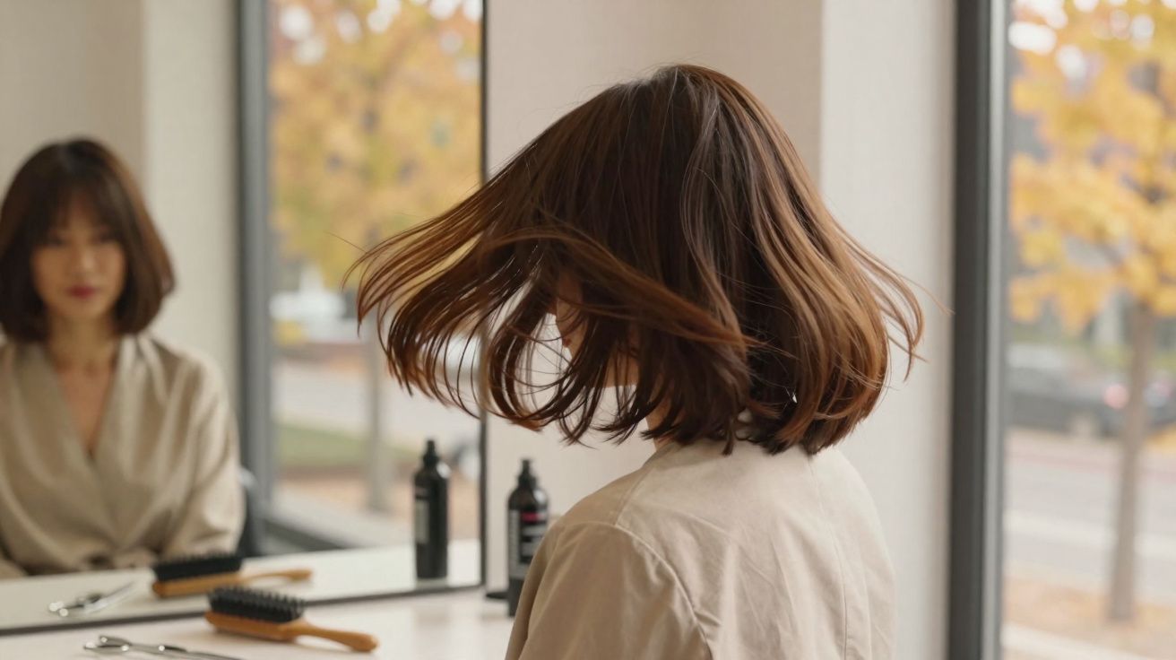 Femme aux cheveux courts bruns balayant son visage, assise devant un miroir dans un salon lumineux.