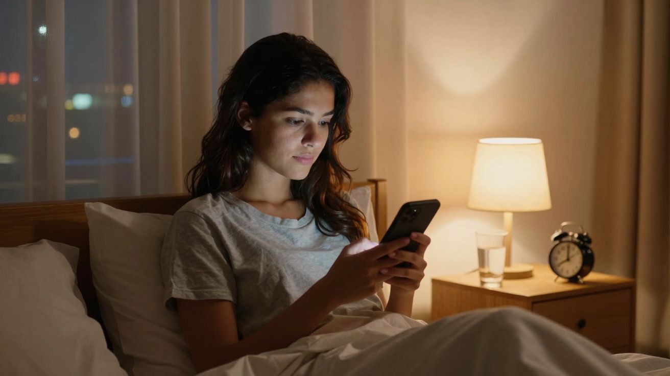 Femme dans son lit, utilisant un smartphone, éclairée par une lampe de chevet dans une chambre la nuit.