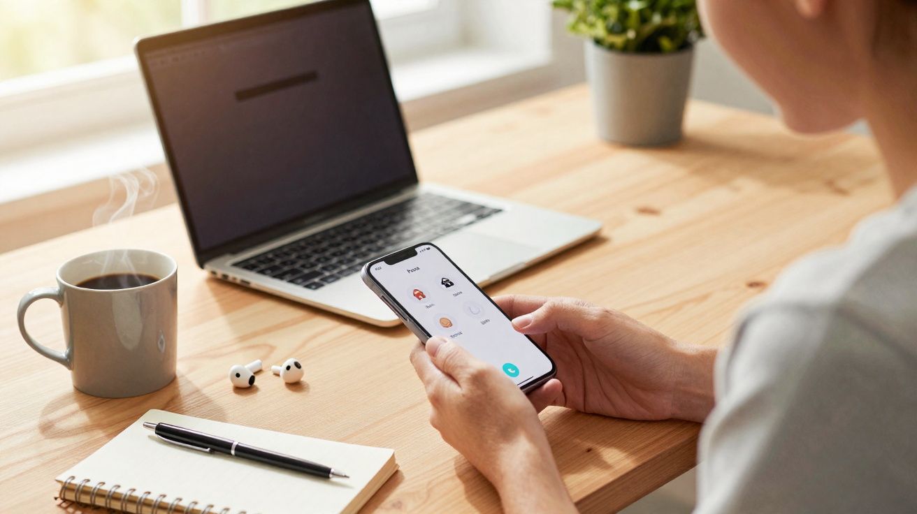 Personne utilisant un smartphone devant un ordinateur portable avec une tasse de café fumant sur un bureau en bois.