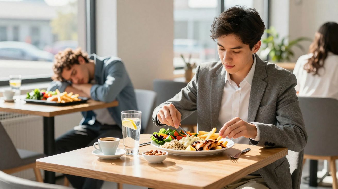 Jeune homme en costume mangeant dans un restaurant lumineux tandis qu'un autre dort à l'arrière-plan.