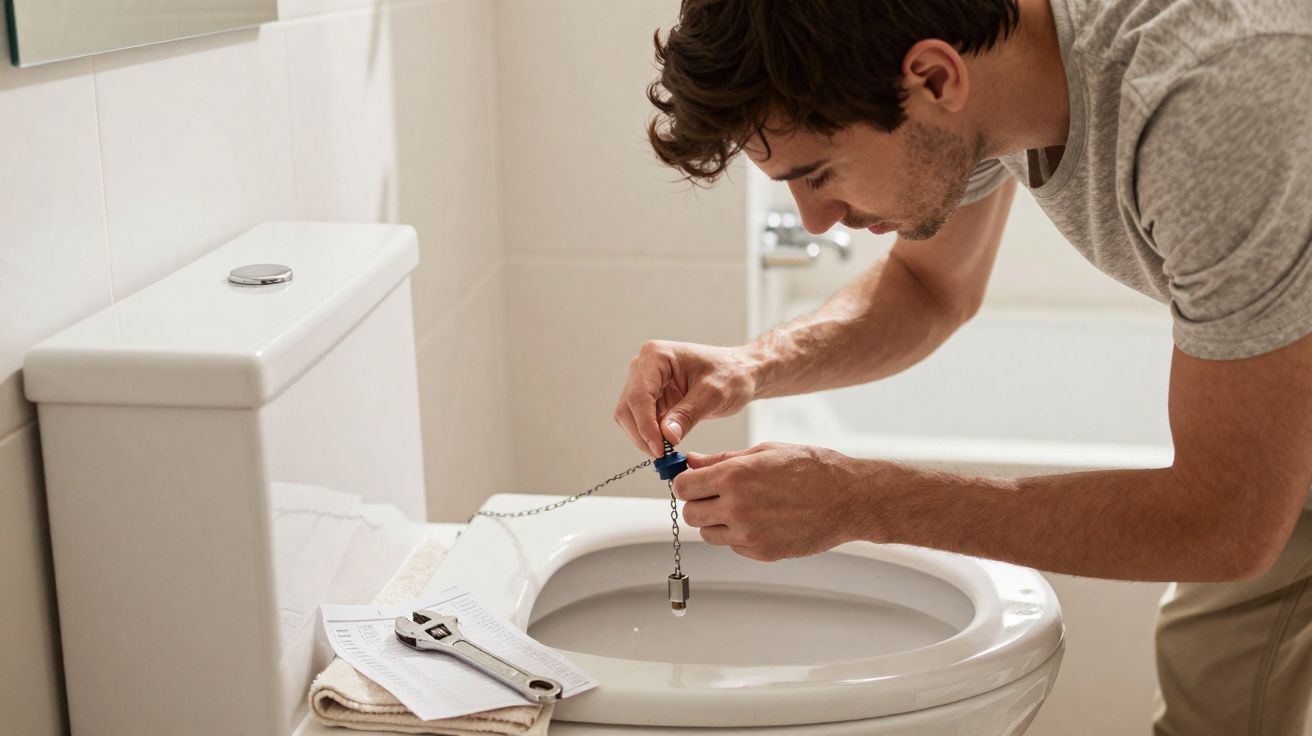 Un homme répare la chasse d’eau d’un WC blanc dans une salle de bains moderne.